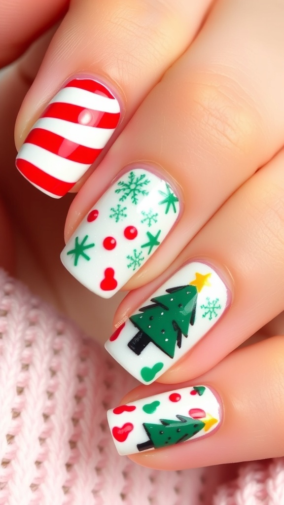 Short Christmas Nail Art Ideas Short Christmas nails with festive designs including red and green stripes and snowflakes.